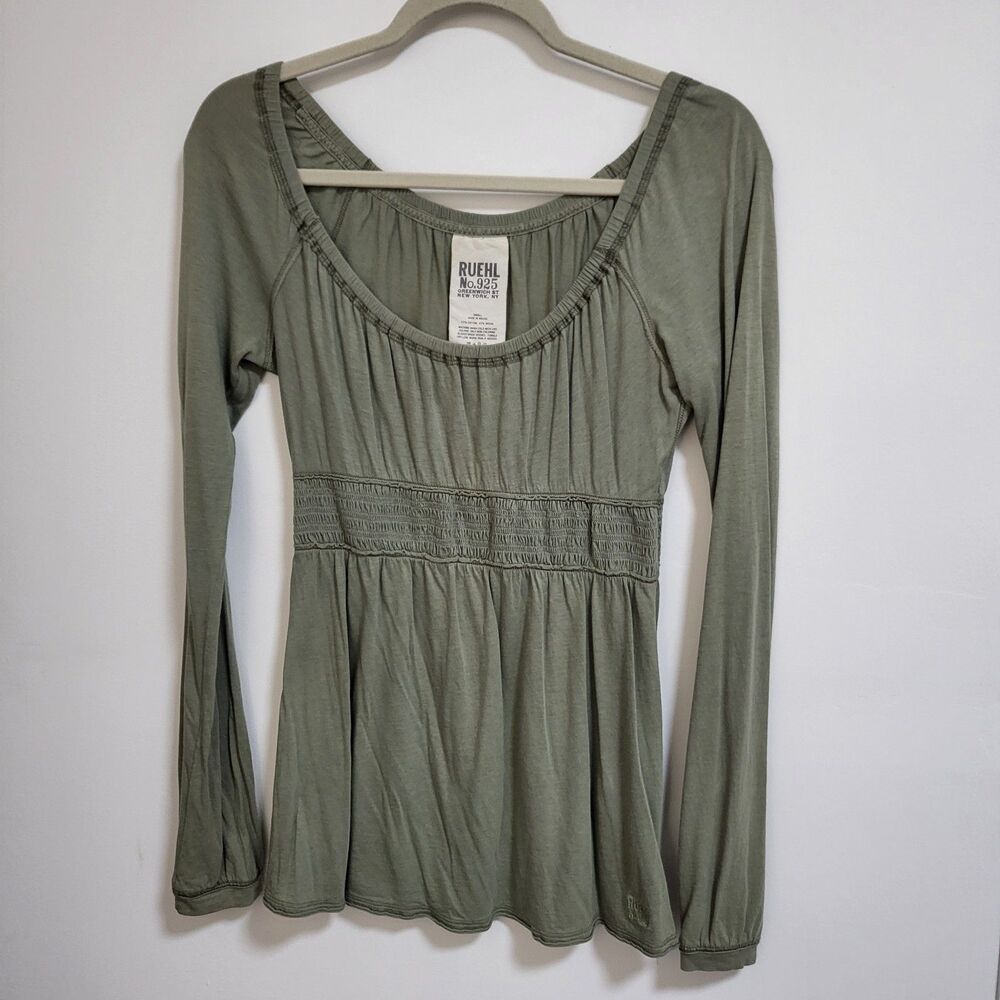 Y2K RUEHL No 925 Baby Doll Top S Long Sleeve Vintage Green Abercrombie Fitch